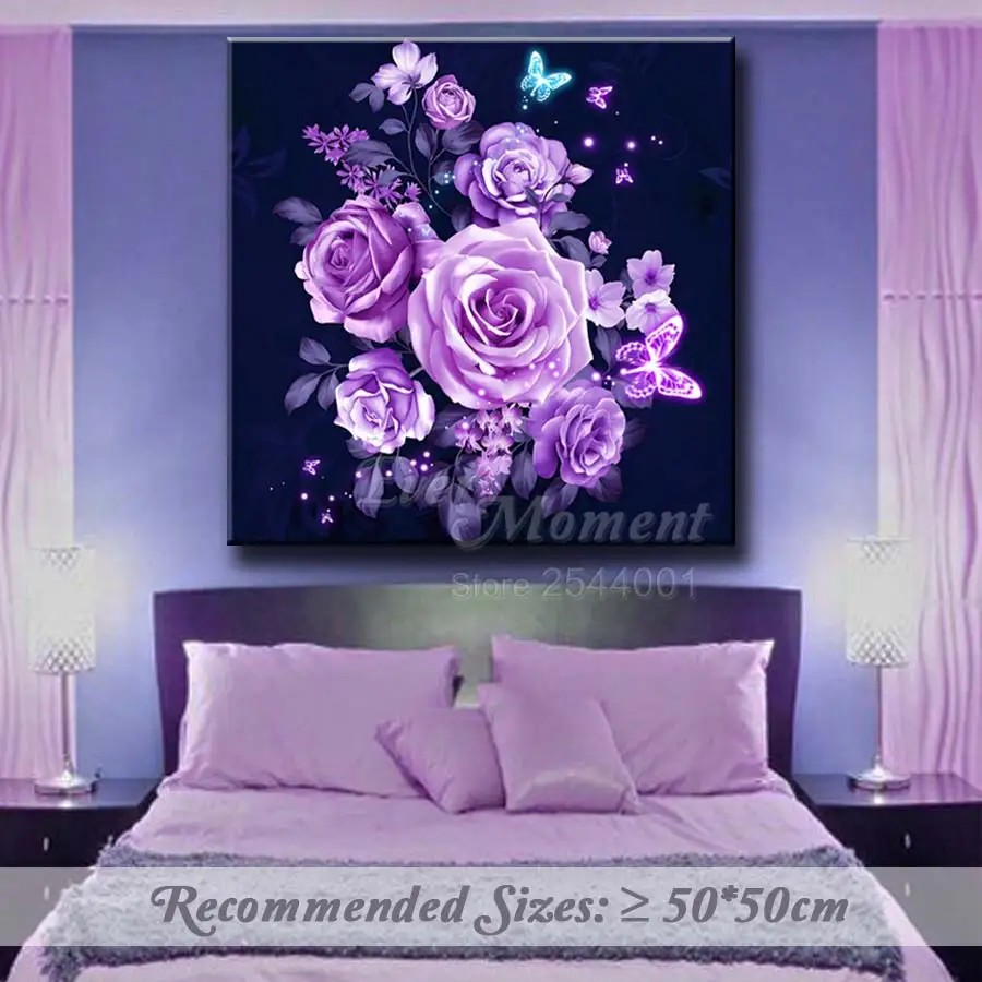 Ever Moment Diamond Painting Elegant Purple Flowers Diamond Painting Cross Stitch Kits Rose Full Square Butterfly ASF1020