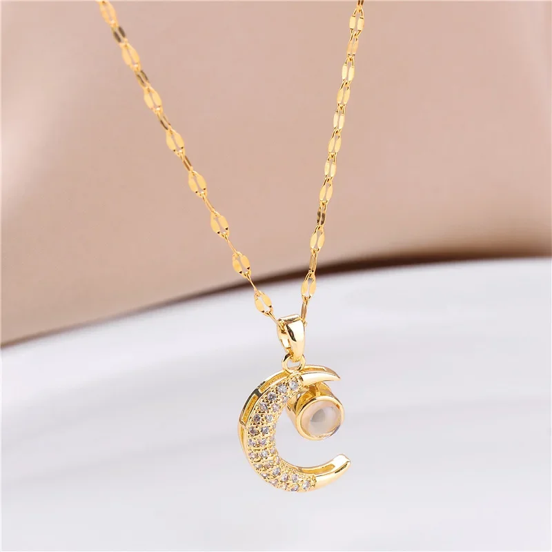 Korean Fashion 100 Language Projection Crystal Moon Pendant Necklace For Women Female Stainless Steel Clavicle Chain Jewelry