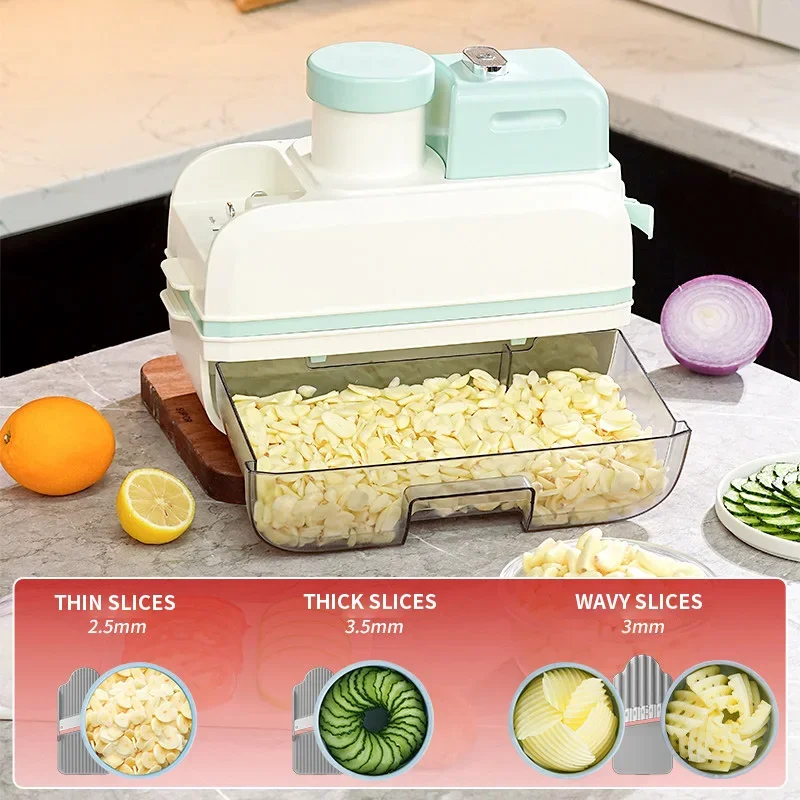 220V Electric Potato Grater, with corrugated and mesh patterns; vegetable and fruit slicer; capable of grating and slicing