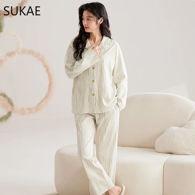 SUKAE Women Pajamas Set Autumn Winter Elegant Turn-down Collar Sleepwear Girl Faux Cotton Nightwear Lady Long Sleeves Loungewear