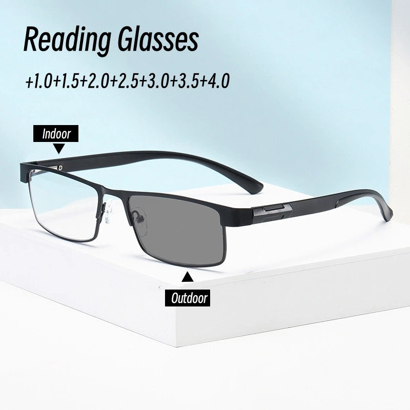 

New Trend Color Changing Anti Blue Presbyopic Glasses Fashion Metal Frame Reading Glasses Men's Photochromic Far Sight Glasses