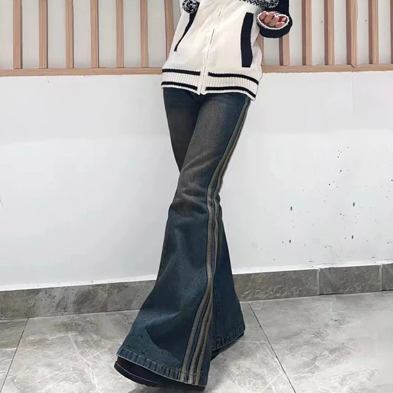 Pantalones vaqueros acampanados de cintura alta estilo Grunge, Jeans Vintage a rayas, Y2k, Harajuku, Fondo de campana, 2000s, ajustados, fregado, 90s