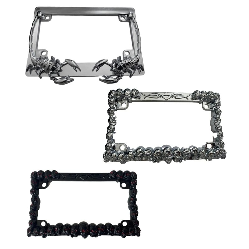 Motorcycle Accent Accessory: Curved License Plate Holder and Frame with Skull for US Universal