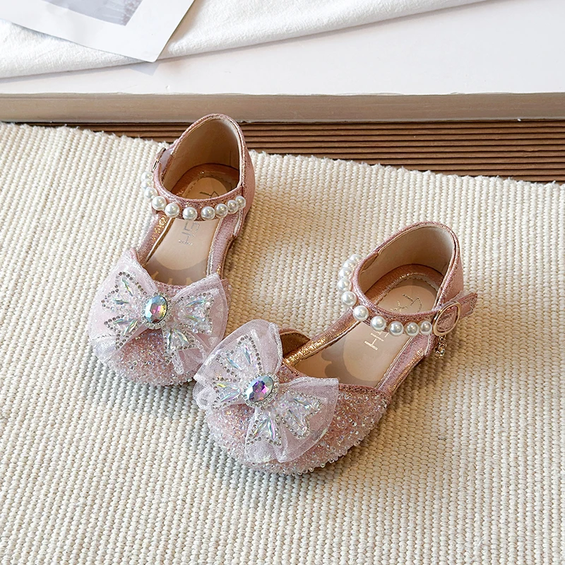 

Summer Kids Rhinestone Sandals Luxury Glitter Bow Children Non-slip Dress Shoes Wedding Party Girl Princess Causal Flat Sandals