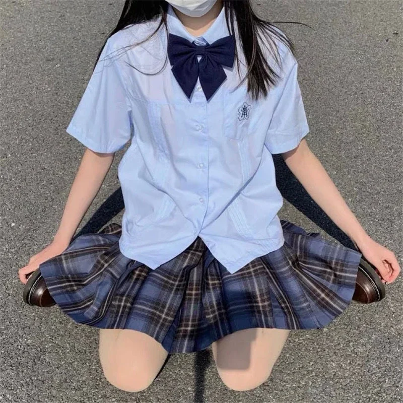 Uniforme scolaire japonais JK d'été pour femmes, chemisier bleu, chemise à carreaux, jupe plissée taille haute