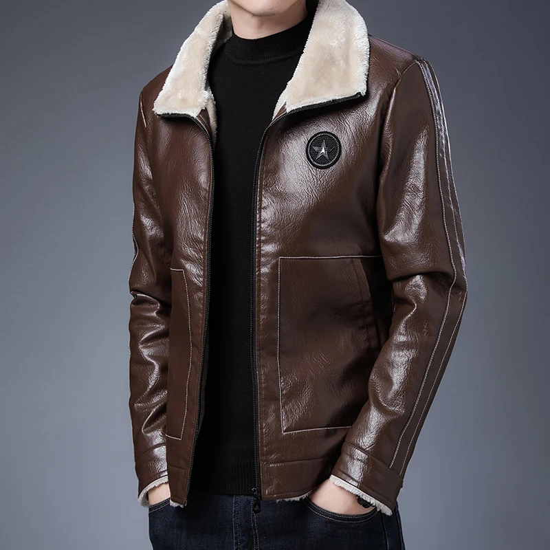 Leather Men's Autumn and Winter New Fur Fur Fur One Leather Jacket Trend Lapel Motorcycle Handsome Coat Casual Daily Handsome