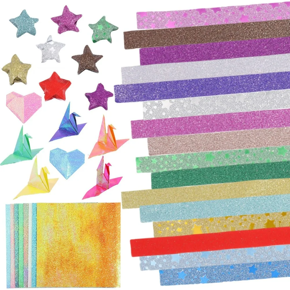 660pcs 2Styles Star Origami Papers 50 Sheets Square Glitter Strip Crane Color Paper