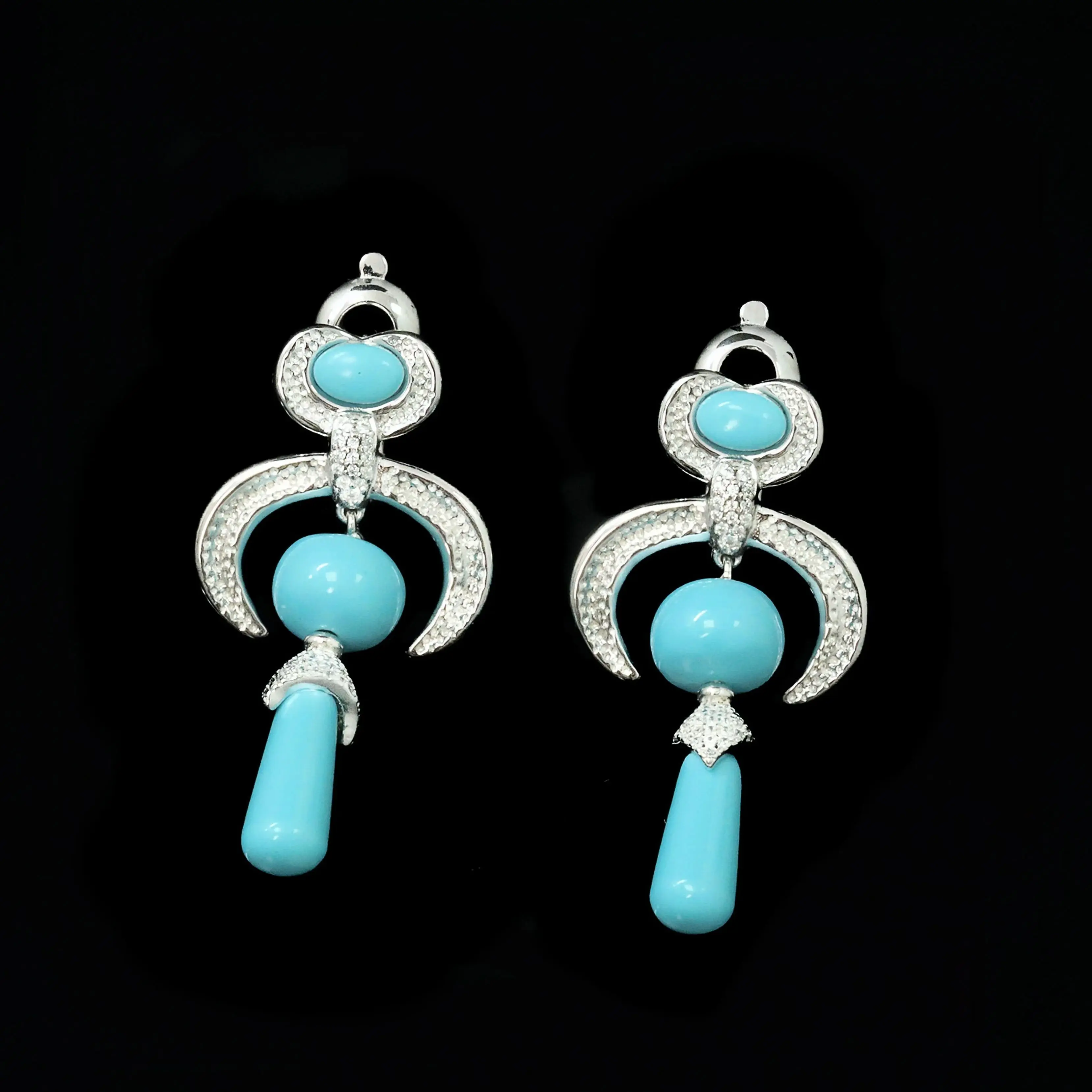 Vintage Art Deco Artificial Turquoise Drop Earrings 925 Sterling Silver Bohemian Fine Jewelry for Women's Vacation Banquet Gifts