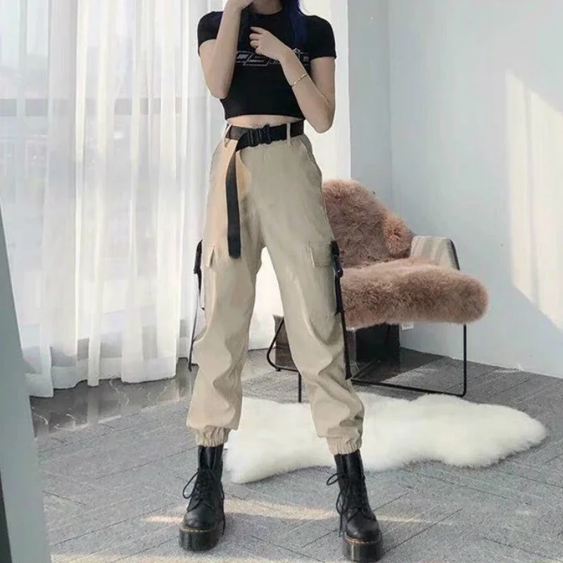 Casual Pants Women Sashes Cargo Safari-style Pockets Unisex BF Loose All-match Ulzzang Streetwear Hip-hop Students Trendy Chic