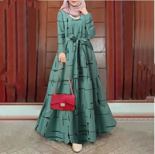 Mulheres Manga Longa Pescoço O Retalhos Abayas, Eid, Muçulmano Abaya, Ramadã, Ramadã, Dubai, Abayas, Cinto Estampado, Kaftan Solto, Vestido Casual