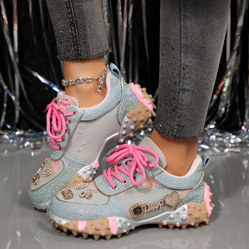 

High-quality Thick-soled Lace-up Rhinestone Fashionable, Versatile, Comfortable, Anti-slip, Breathable and Casual Women's Shoes
