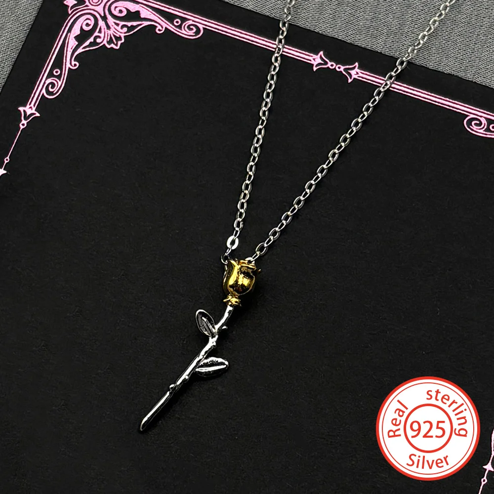 

Luxury 925 Sterling Silver Vintage Two-Tone Rose Flower Pendant Necklace for Women Girl Charms Choker Chain Love Jewelry Gift