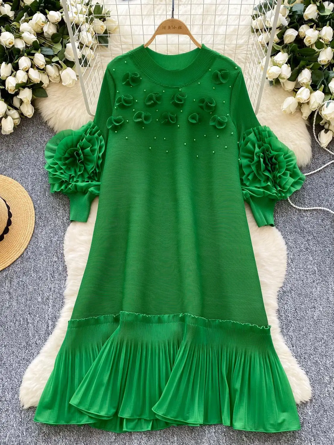

Elegant O Neck 3D Flower Summer Fold Retro Lantern Sleeve Fashion Slimming Long Dress Autumn Women's High Street Clothing
