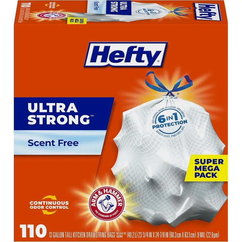 

13 Gallon Tall Kitchen Trash Bags with Drawstring, Odor Control, White, Unscented, Pack of 110