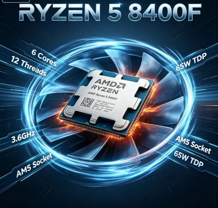 Processeur AMD Ryzen 5 8400F 65W basse consommation pour jeux et bureautique, 6 cœurs, 12 threads, 4,7 GHz, 16 Mo de cache, socket AM5, DDR5, 4 nm, sans refroidisseur
