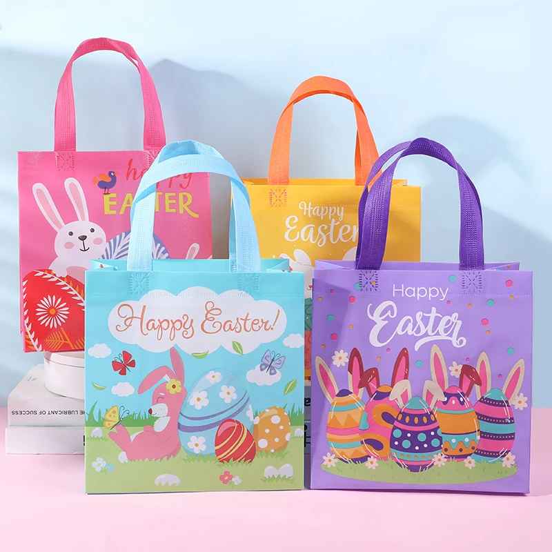 4Pcs Easter Gift Bags With Handle Bunny Colorful Egg Treat Bags Candy Biscuit Packaging Bags Easter Party Guest Return Gift Bags