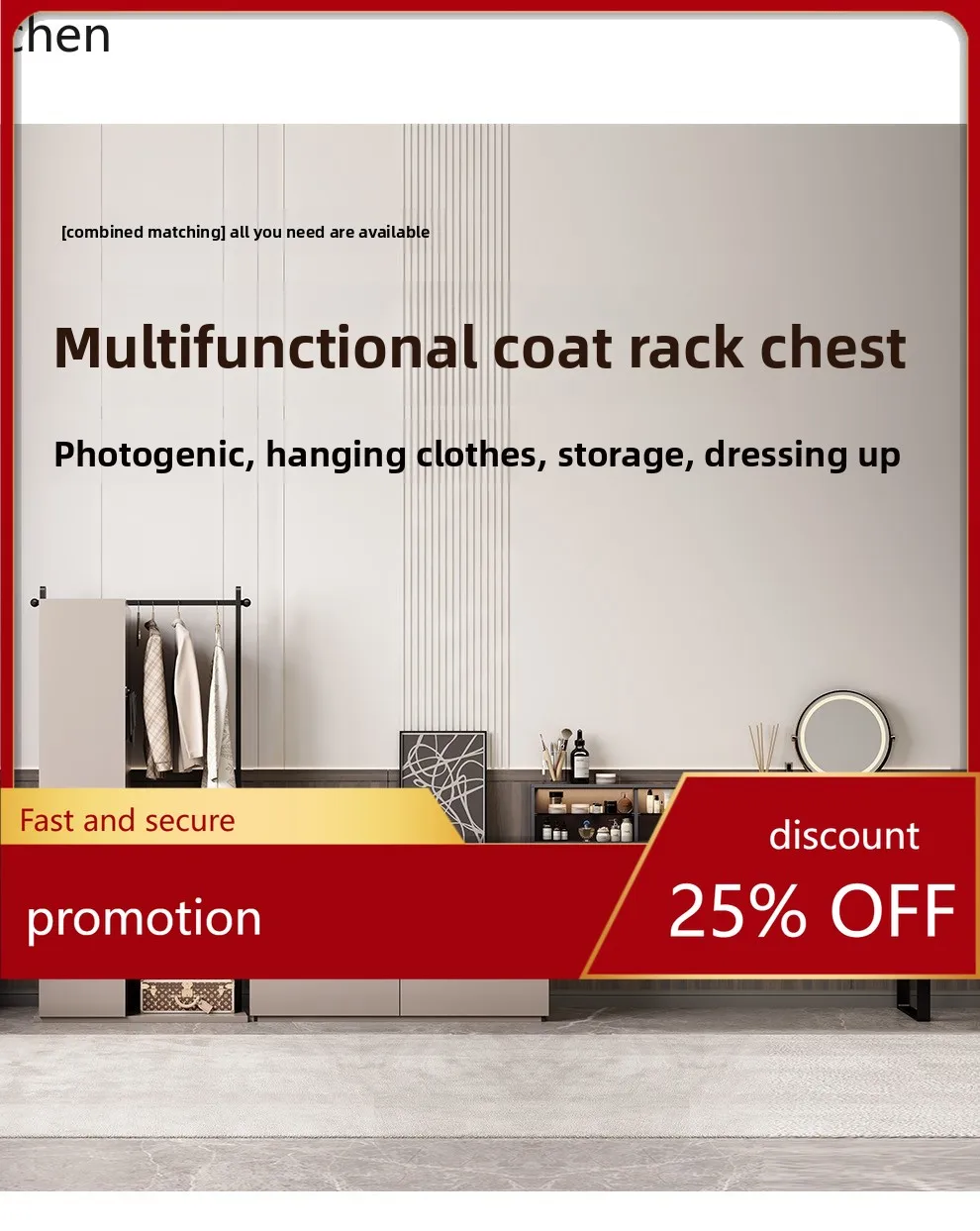 

HT Simple Modern Chest of Drawers and Coat Rack Integrated Bedroom Clothes Rack Storage Cabinet Organizer with Dressing Mirror