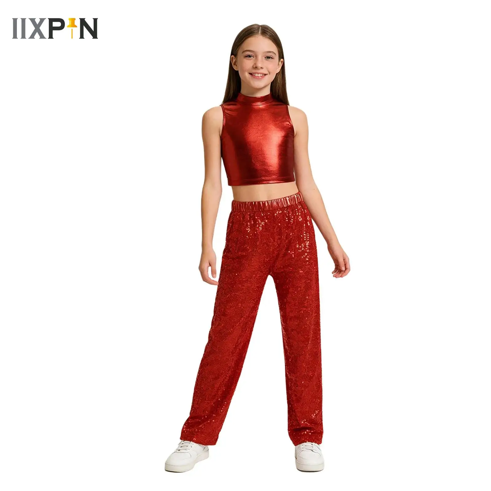 

Kids Girls Sequins Disco Dance Sets Sparkly Jazz Performance Costume Mock Neck Sleeveless Crop Top with Wide-Leg Pants Clothes