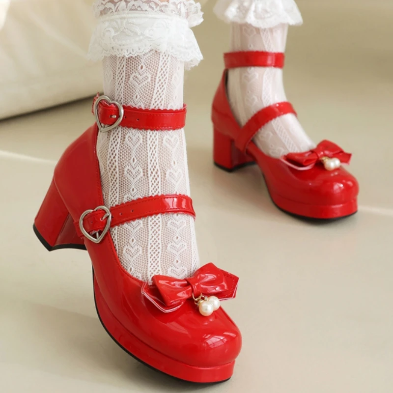 Buty damskie na niskim obcasie Mary Janes Lolitas Eleganckie czółenka z paskami Słodkie Białe Czerwone Czarne Biurowe Buty Ślubne Dziewczęce Duży Rozmiar 45