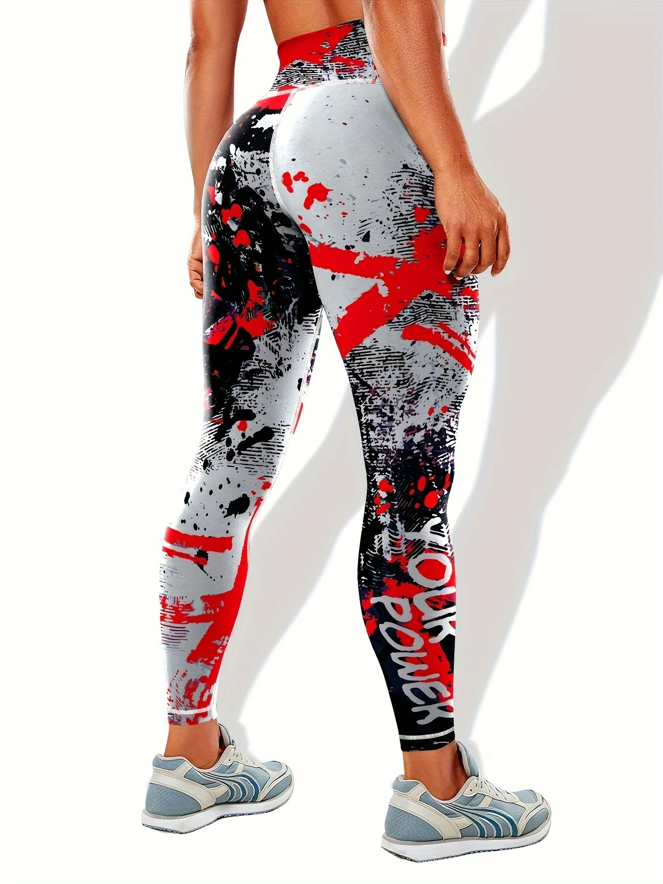 Women Fleece Lined Leggings Orange Splash Ink Letter Print Stretch Warm Sports Casual Pants