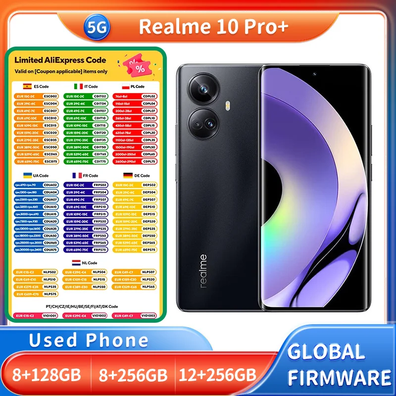 كاميرا Realme 10pro+ plus 5G 6.7 بوصة 2412x1080px دقة العرض 5000 مللي أمبير في الساعة 1080 108 ميجابكسل هاتف مستعمل