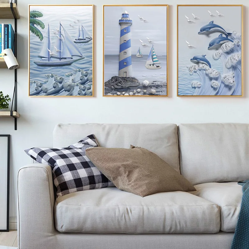 Modern Cartoon Sea Sail Lighthouse and Lovely Dolphin Seagull Art Canvas Posters and Printed Pictures for Living Room Home Decor