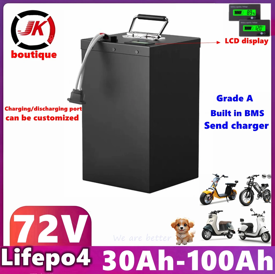 JK 72V 100Ah 30Ah 50Ah 60Ah 70Ah 80Ah 90Ah Lithium Lifepo4 Battery BMS for 3KW Skateborad Scooter Rickshaw Motorcycle EVtricycle