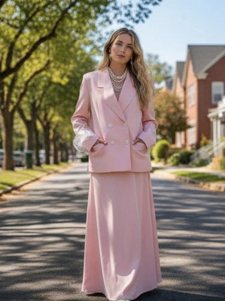 

Women Blazer Skirt Sets Chic Long Sleeve V-neck Lapel Coat Long Skirts Suit Elegant Fashion 2026 Lady New Commute Street Outfit