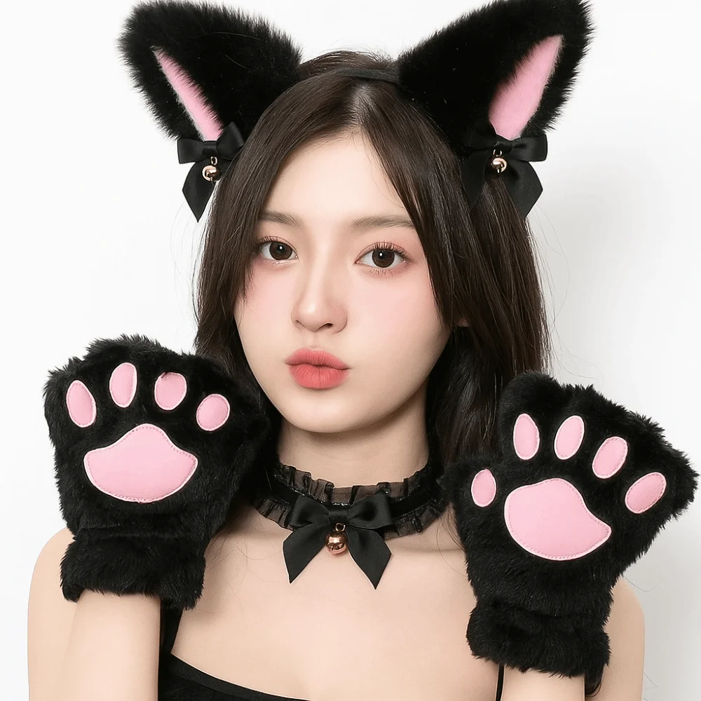 Set di fasce per orecchie di gatto per donna con fiocco Lolita Copricapo cosplay Accessori per capelli cosplay Guanti per zampa di gatto Halloween Dress Up Women