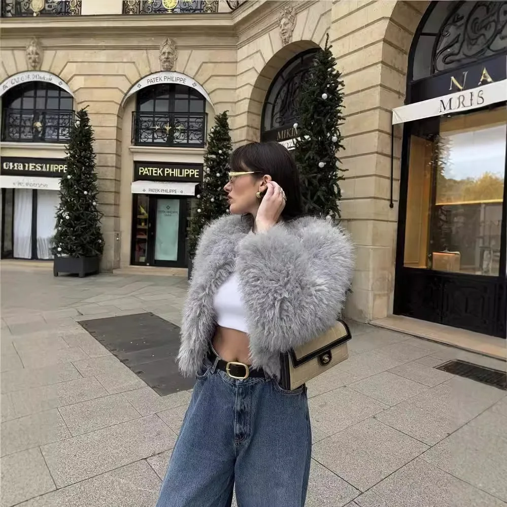 Women Faux Fur Coats Jackets Round Neck Short Coat Thick Warm Y2k Streetwear Jacket Work Casual Loose Outerwear Autumn Winter