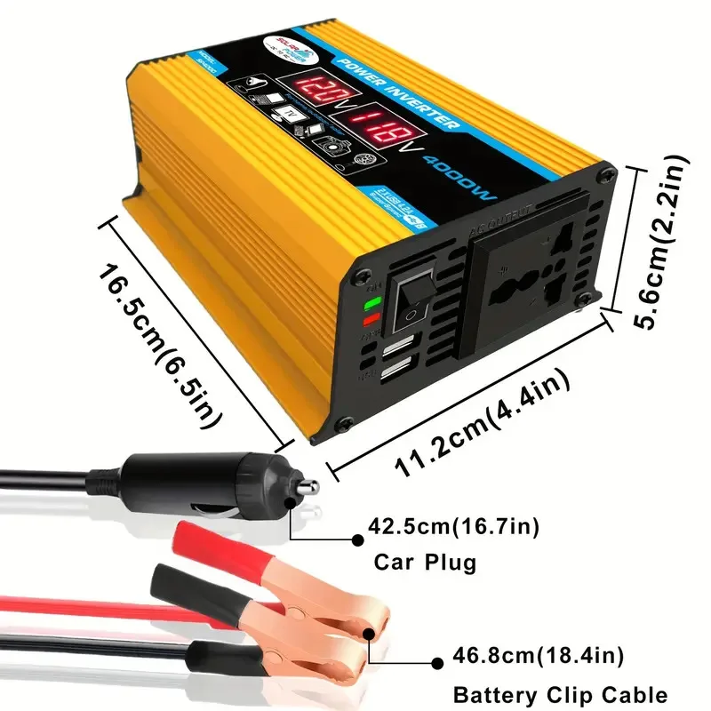 4000W 12V DC to 110V AC Portable Inverter with Input/Output Voltage Display, Fast Charging, Dual USB Ports, Recharg