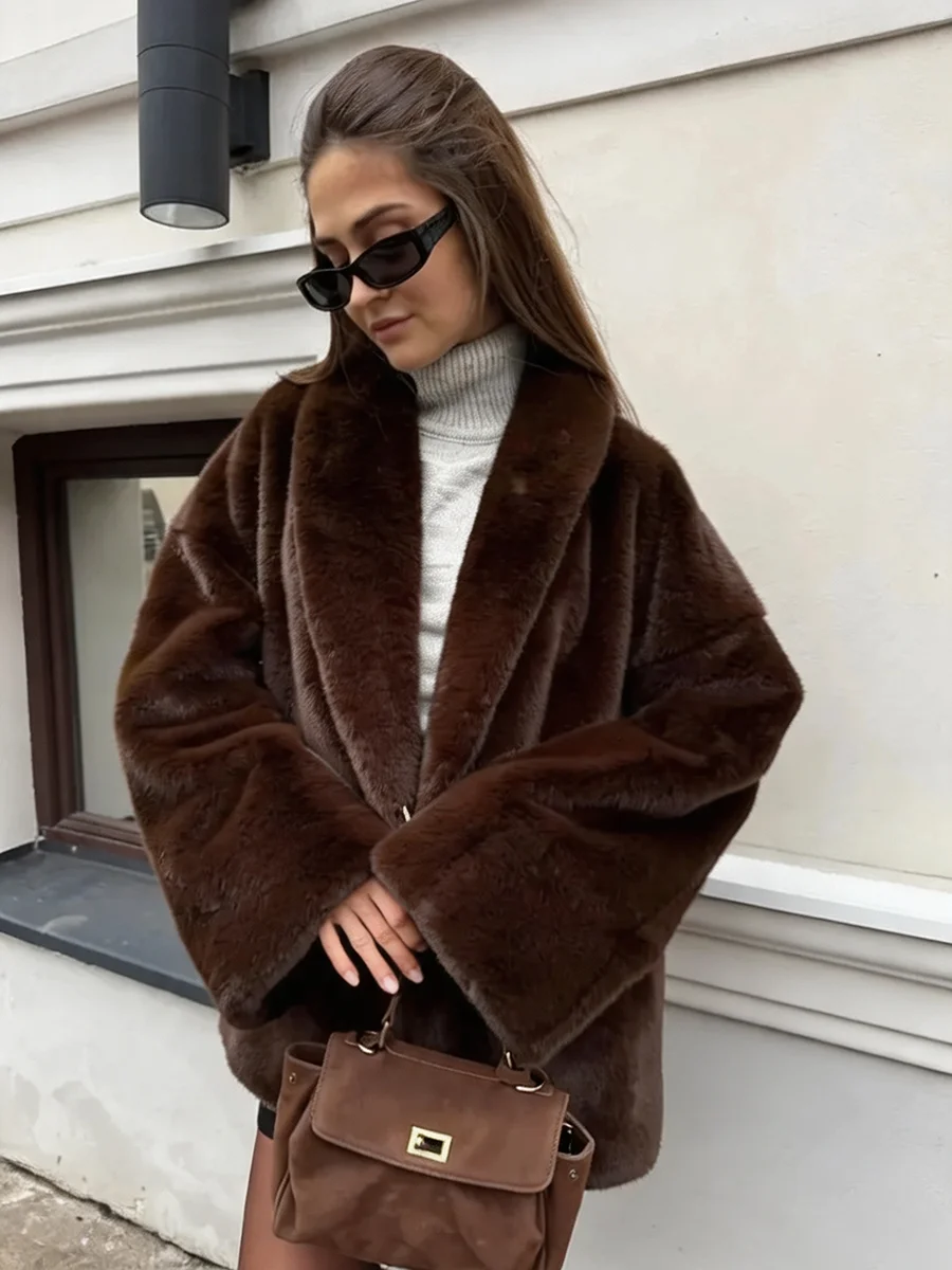 2026 Autumn Winter Women Faux Mink Fur Coat Shawl Collar Padded Lining Single Button Long Jacket Brown