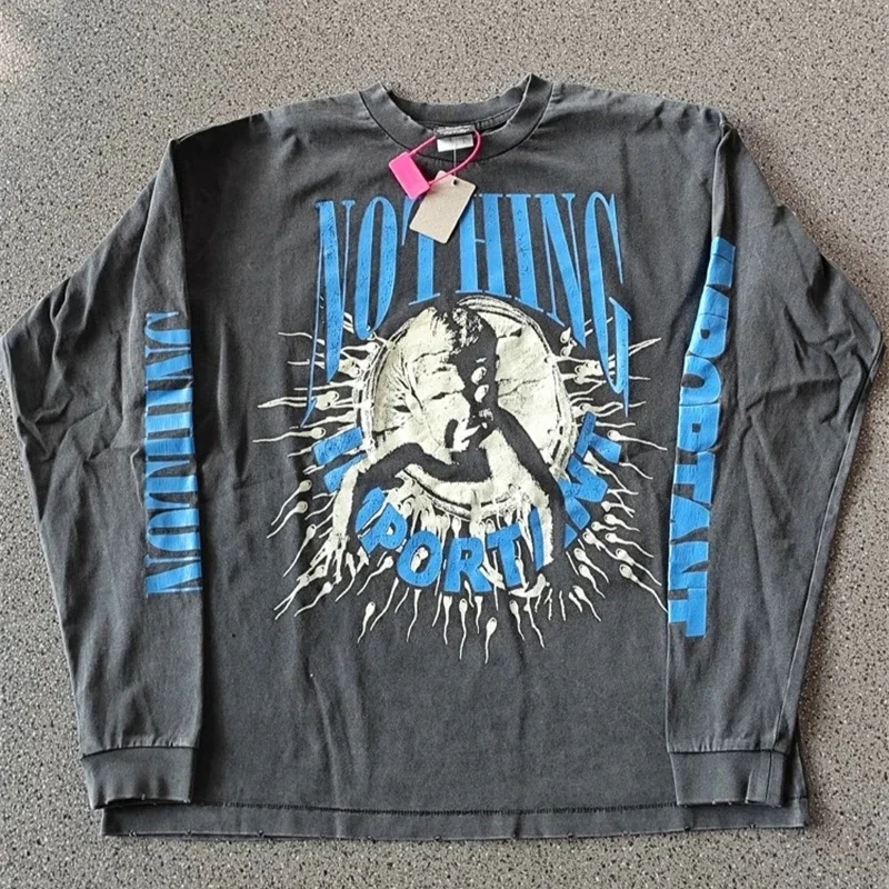 Oversized Saint Michael Casual Pullover Men Women 1:1 Washed Black Letter Printing Long Sleeved T-Shirts
