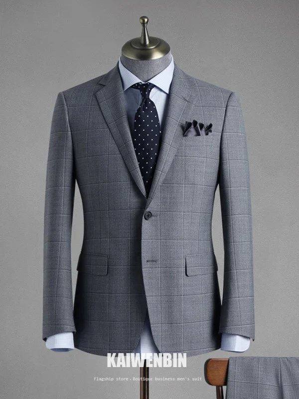 

Men's Suit Grey Plaid 2 Piece Set Wool Half Canvas High Quality Business Casual Groom Wedding Suit Custom