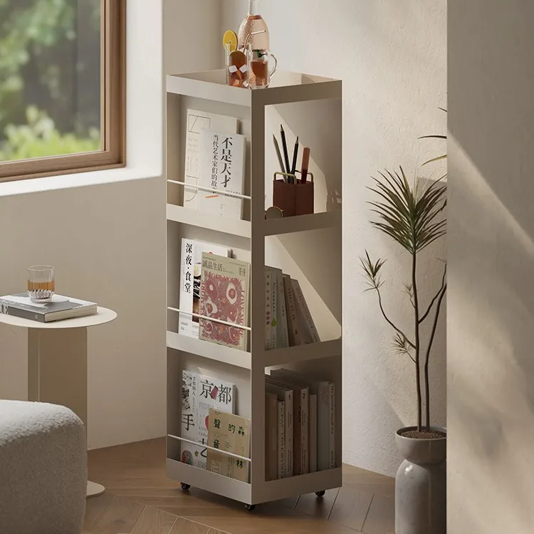 Multi-Tier Floor Standing Bookshelf Storage Rack with Casters for Living Room Wall-Mounted Magazine Display and Simple