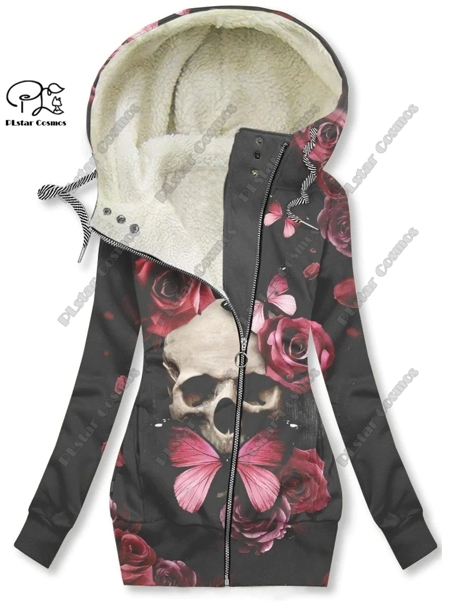 

New 3D printing retro series floral and animal patterns plus velvet and warm women's long zipper sweatshirt casual winter L-11
