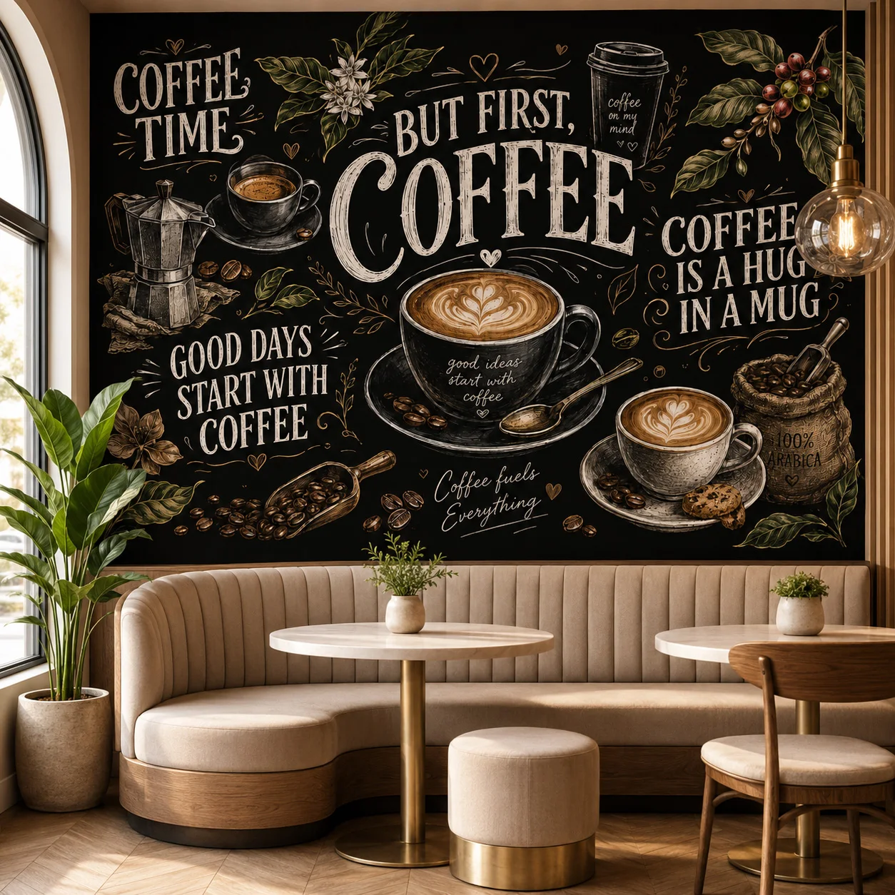 Vintage Coffee Cafe Wall Mural Wallpaper Black Chalkboard Coffee Beans Cup Restaurant Bar Decor Glue Required Non-Self-Adhesive