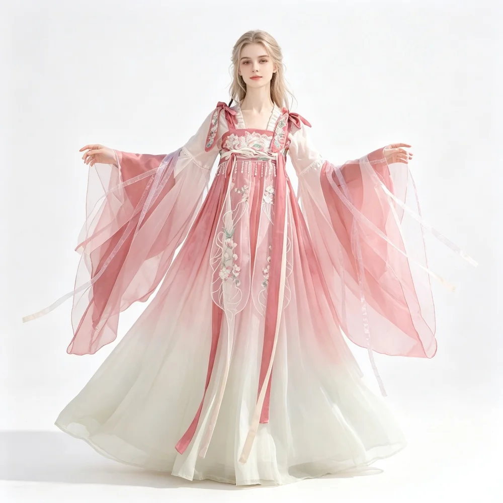 New Fairy Hanfu Women Tang Dynasty Traditional Costume Floral Embroidery Gradient Sheer Chiffon Party Dress