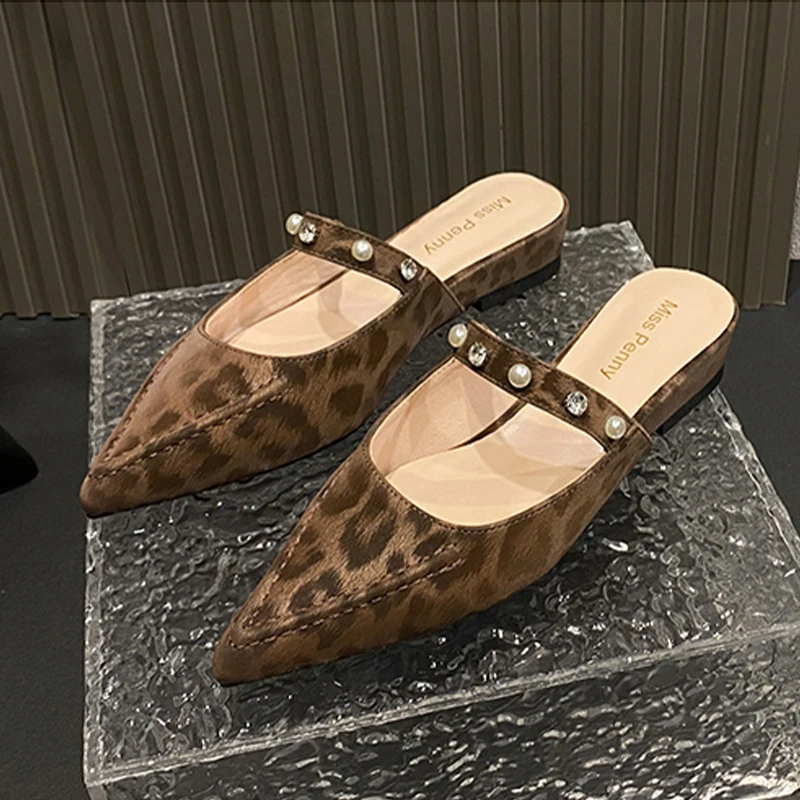 

Leopard Mules Shoes Crystal Pearl Woman Pointd Toe Flats Slippers Summer Sandals Elegant New 2025 Trend Party Woman Shoes Mujer