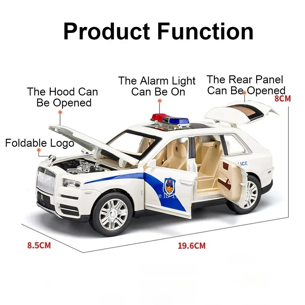 Scala 1:24 Rolls-Royce Cullinan Modello di auto della polizia Giocattolo Suono leggero Tirare indietro Swat Modelli di veicoli in miniatura Ragazzi Regali del festival