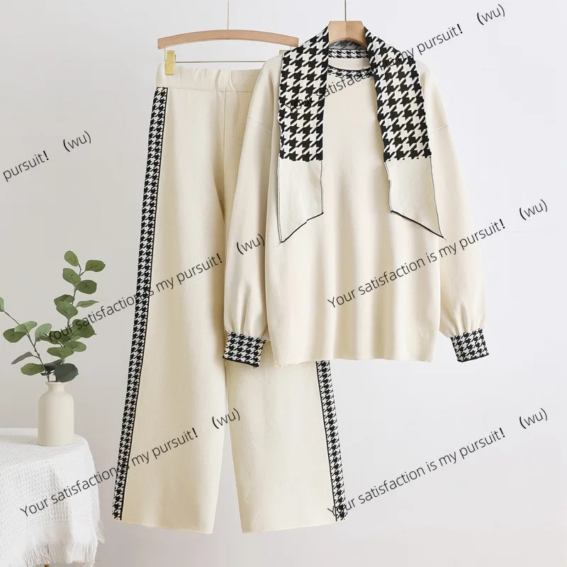 Setelan rajutan musim gugur dan musim dingin bergaya Eropa dan Amerika, atasan rajutan berpinggang tinggi yang elegan, celana lebar dengan ribuan pilihan.