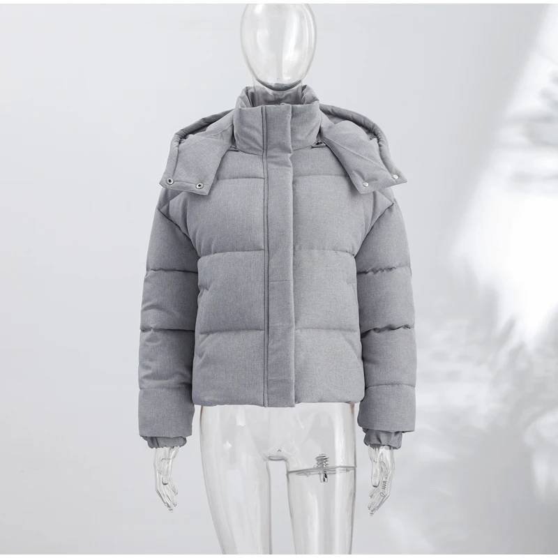 Winter Women's Cropped Padded Coats Hooded Stand Zip-up Full Sleeve Short Puffy Cotton Jacket 2026 Warm Casual Solid Outwear