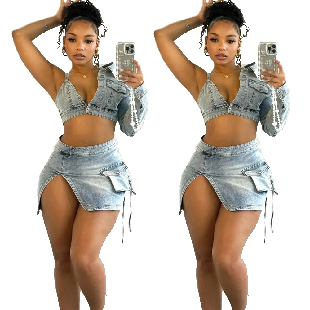 Women Jean Outfit Sexy Asymmetrical One Shoulder Bra Jacket and Mini Split Skirt Set 2024 Summer Femme Denim 2 Two Piece Sets