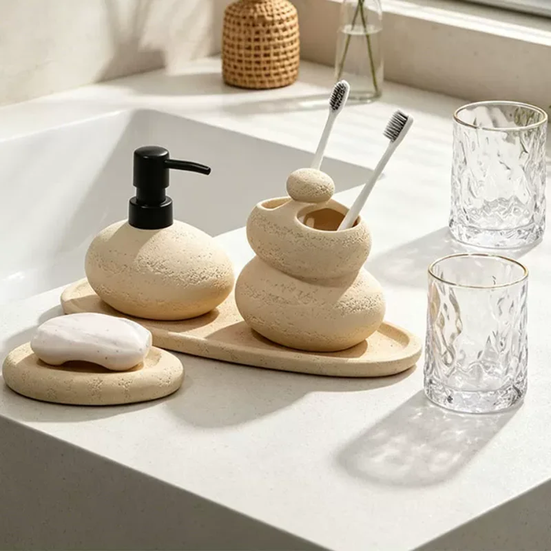Sandstone Egg Shaped Soap Dispenser, Toothbrush Holder, Soap Box, Shampoo Bottle, Soap Holder, Bathroom Supplies, Storage Rack