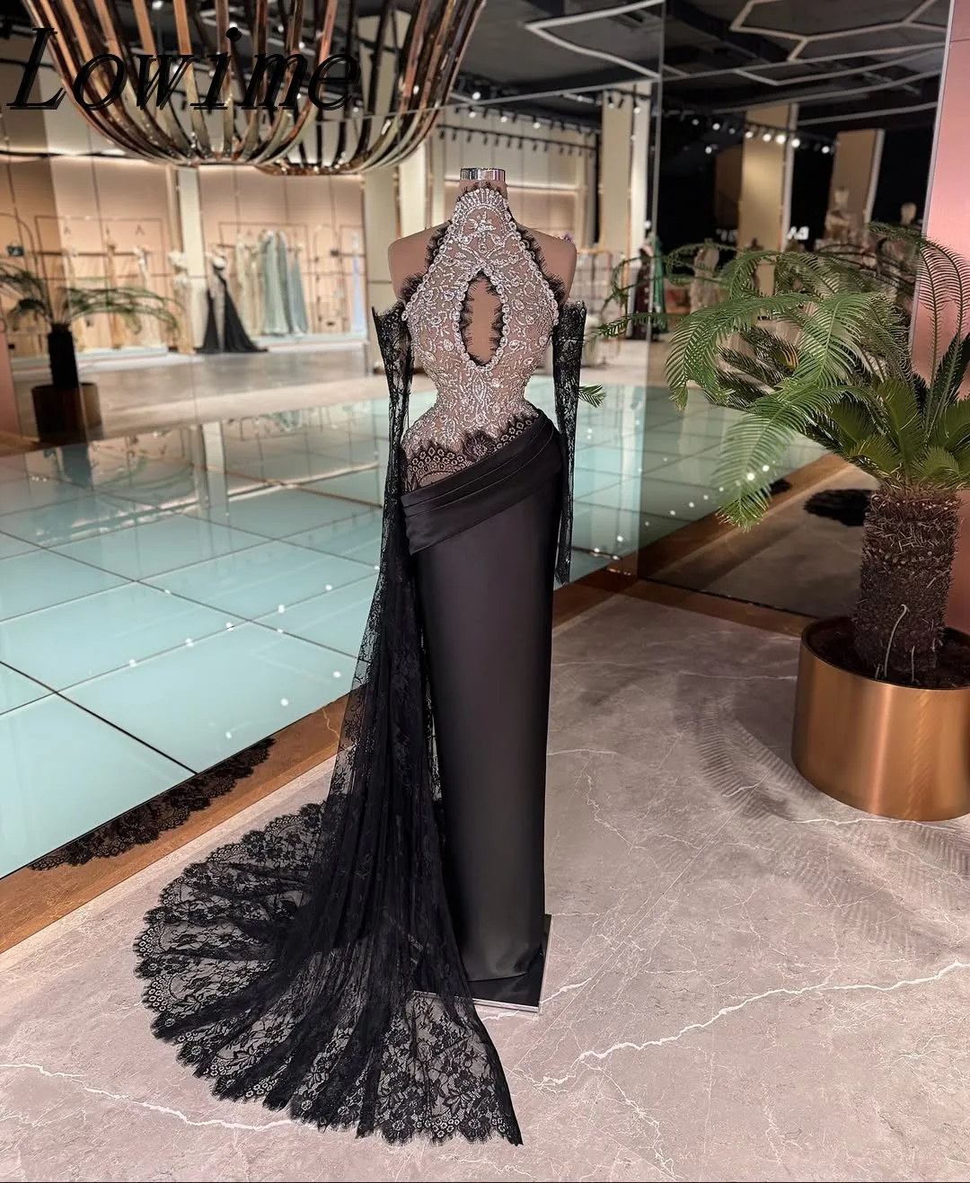 

Black Satin Mermaid Evening Dress with Lace Perspective Sparkling Beads Customized Sweetheart Ball Wedding Party Fashion Dress