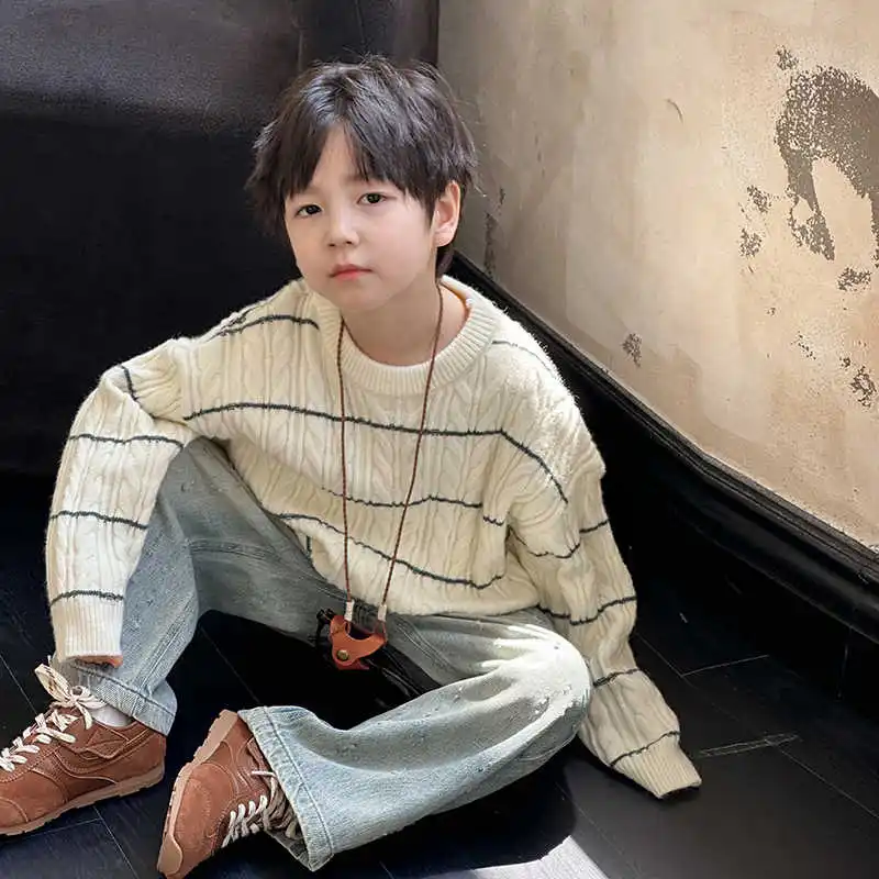 

Осенне-зимние свитера для мальчиков, полосатый пуловер с круглым вырезом и длинными рукавами, модные детские свободные трикотажные топы