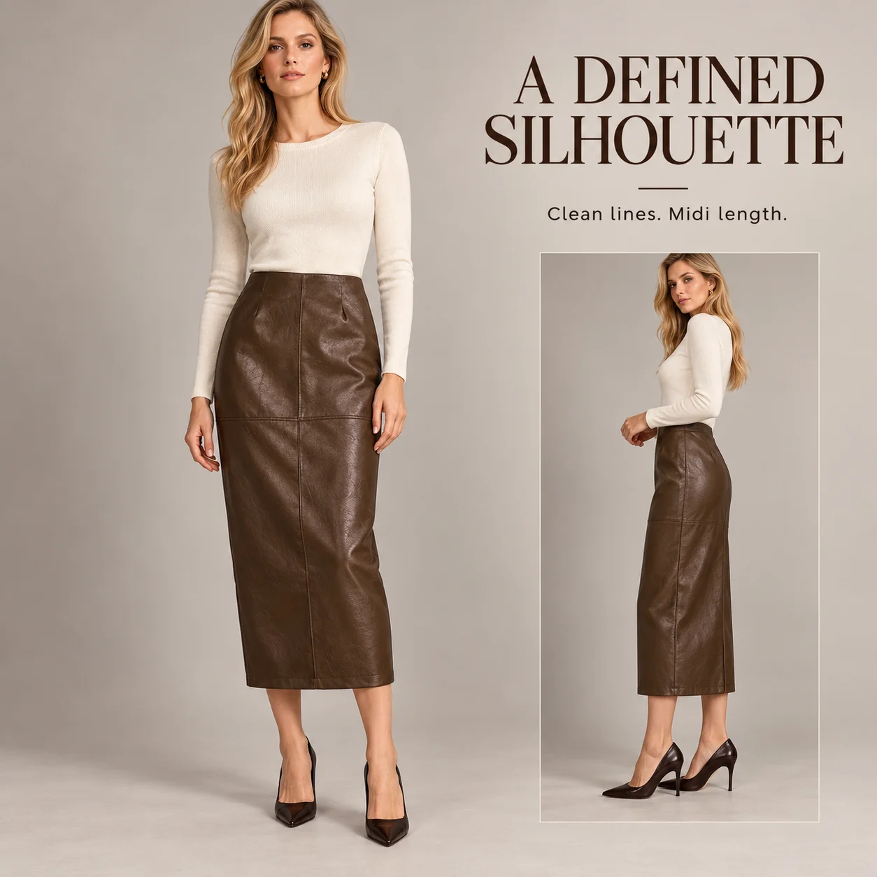 Women's PU Faux Leather Midi Skirt Back Slit Pencil Skirt Elegant Autumn Winter Office Casual Skirt