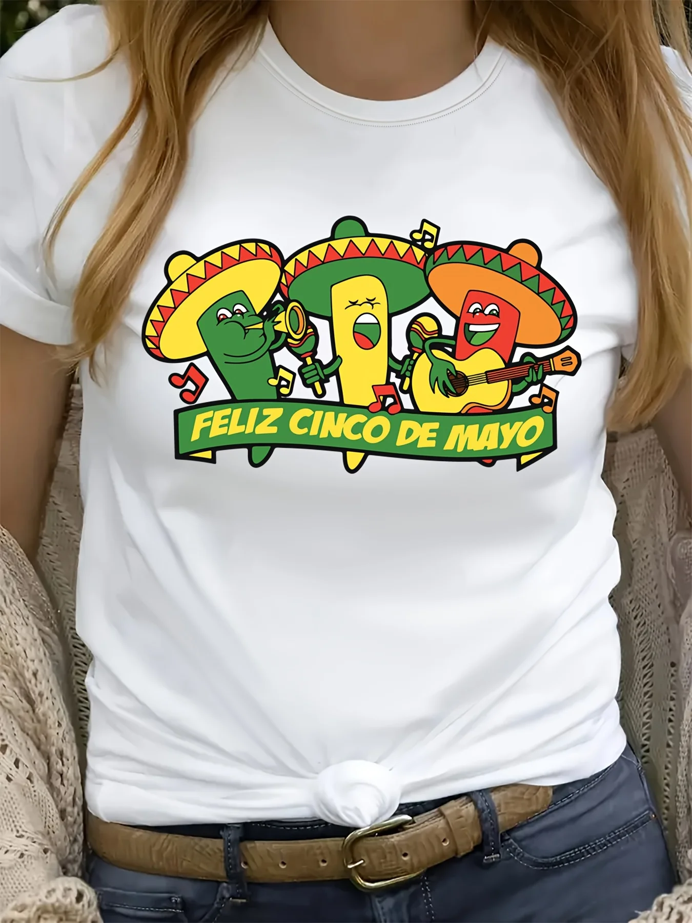 Plus Size Cinco De Mayo Print T-shirt, Casual Short Sleeve Crew Neck Top For Spring & Summer, Women's Plus Size Clothing