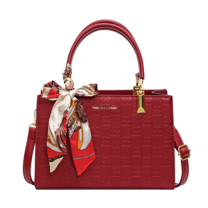 

Women Elegant Red Checkered Handbag with Scarf Accent – 2026 Trending Wedding & Party Bag