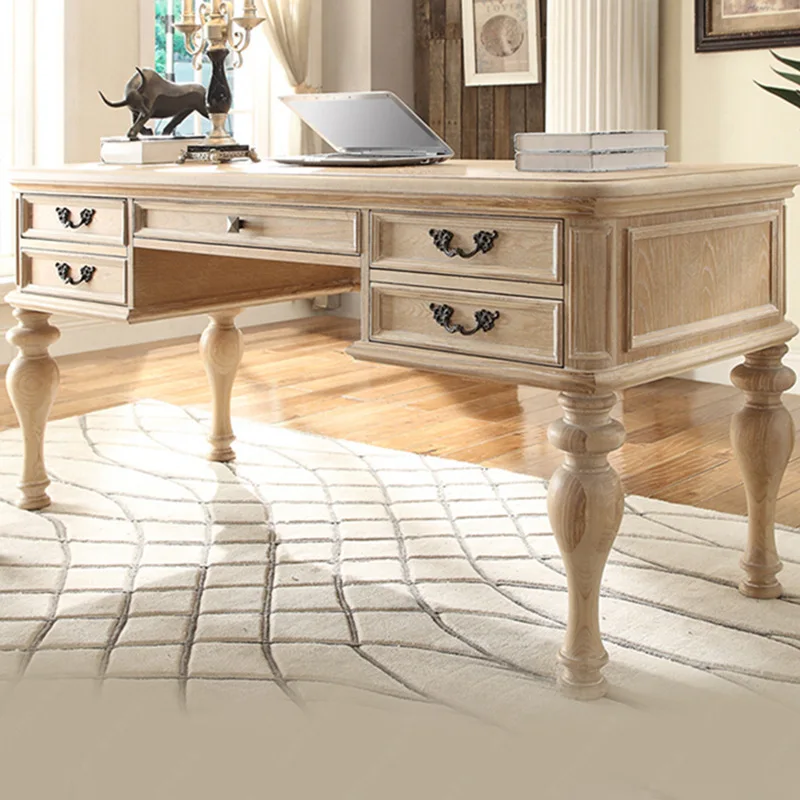 

American rural classical old solid wood desk modern simple desk light luxury carved writing table fully equipped with solid wood